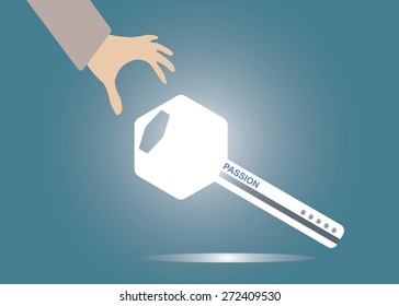 Abstract conceptual image of hand pick up the business key icon with wording in vector