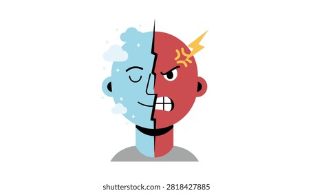 Abstract conceptual split face representing mental state contrast between inner peace and explosive anger.
