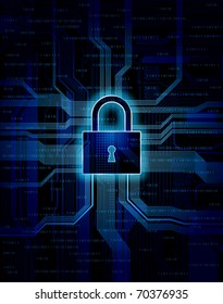Abstract conceptual vector background with lock shape and circuit pattern. Eps10