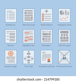 Abstract conceptual web and paper documents layout icons set - Modern flat design on blue background