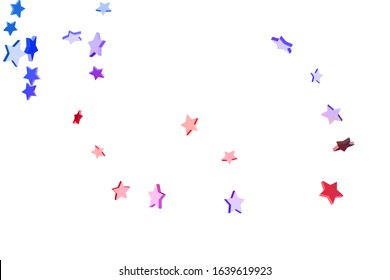 Abstract confetti flying star. Shooting star background. Random stars shine on a white background. White background with blue and red stars. Suitable for your design, cards, invitations, gifts.