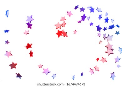 Abstract confetti flying star. Shooting star background. Random stars shine on a white background. White background with blue and red stars. Suitable for your design, cards, invitations, gifts.