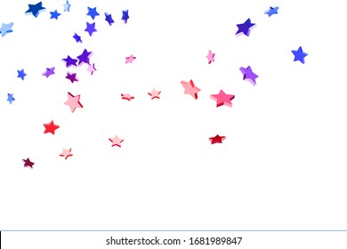 Abstract confetti flying star. Shooting star background. Random stars shine on a white background. White background with blue and red stars. Suitable for your design, cards, invitations, gifts.