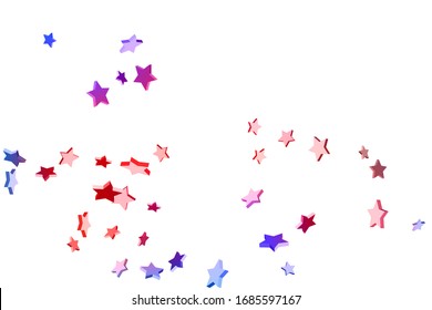 Una estrella voladora de confetti abstracto. Fondo de estrella de tiro. Las estrellas al azar brillan en un fondo blanco. Fondo blanco con estrellas azules y rojas. Adecuado para su diseño, tarjetas, invitaciones, regalos.