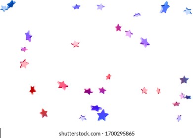 Abstract confetti flying star. Shooting star background. Random stars shine on a white background. White background with blue and red stars. Suitable for your design, cards, invitations, gifts.