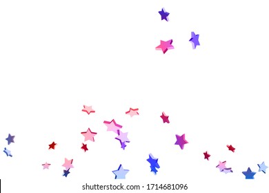 Abstract confetti flying star. Shooting star background. Random stars shine on a white background. White background with blue and red stars. Suitable for your design, cards, invitations, gifts.