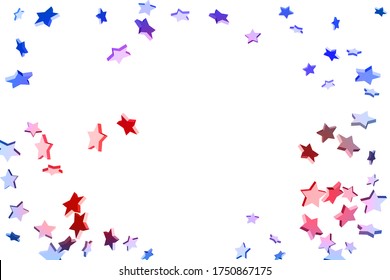 Abstract confetti flying star. Shooting star background. Random stars shine on a white background. White background with blue and red stars. Suitable for your design, cards, invitations, gifts.