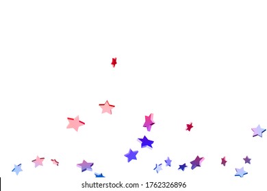Abstract confetti flying star. Shooting star background. Random stars shine on a white background. White background with blue and red stars. Suitable for your design, cards, invitations, gifts.