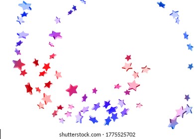 Abstract confetti flying star. Shooting star background. Random stars shine on a white background. White background with blue and red stars. Suitable for your design, cards, invitations, gifts.