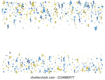 Abstrakter Konfetti-Rahmenhintergrund in blauen und gelben nationalen ukranischen Farben. Einzeln auf Weiß. Vektorurlaub, Sieg, Glückwunsch Concept Illustration.