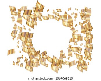Abstract confetti isolated on white background. Decorative particles. Vector illustration. Golden bright, shiny, chaotic elements for anniversary, birthday celebrate, party or other festive event.