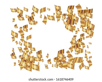 Abstract confetti isolated on white background. Vector illustration. Random particles. Golden bright, shiny, chaotic elements for anniversary, birthday celebrate, party or other festive event.