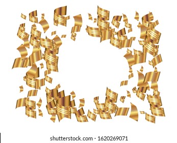 Abstract confetti isolated on white background. Vector illustration. Magic particles. Golden bright, shiny, chaotic elements for anniversary, birthday celebrate, party or other festive event.