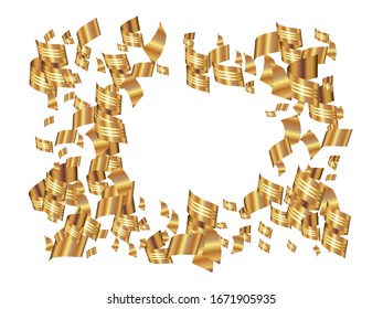 Abstract confetti isolated on white background. Vector illustration. Fresh particles. Golden bright, shiny, chaotic elements for anniversary, birthday celebrate, party or other festive event.
