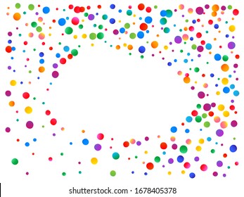 Abstract confetti isolated on white background. Vector illustration. Stylish particles. Red, green, yellow, blue, golden, pink, orange and violet circles for anniversary or other festive event.