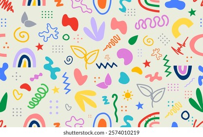 Abstract confetti seamless pattern cute childish colorful shape fun upbeat freehand ornamental decorative vector art texture