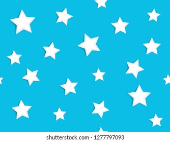 Abstract confetti seamless pattern with white stars scattered on light blue background. Festive holiday vector illustration.