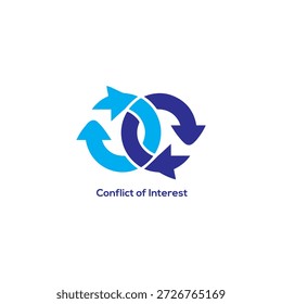 Ícone abstrato de conflito de interesses ilustração vetorial com setas circulares azuis interligadas representando motivos conflitantes para a ética empresarial marca
