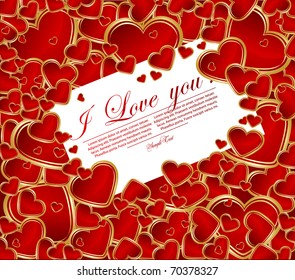 Abstract congratulation card with glossy red hearts.