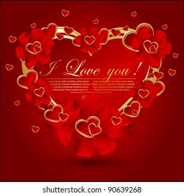 Abstract congratulation card with glossy red hearts.