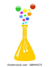Abstract conical chemical flask with multicolor vapor, 2D illustration, vector, isolated on white background