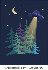 
Abstract coniferous forest under the moon and an unidentified flying object. Ufo under the wood. Vector illustration.