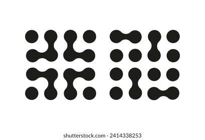 Abstract connected blobs icon. Set of Metaball logotype. Connected dots sign. Integration symbol. Circles pattern. Point movement. Metaballs transition. Flat logo. Vector illustration.