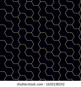 Abstract Connected brick hexagon geometric pattern seamless vector light gold line color dark blue background