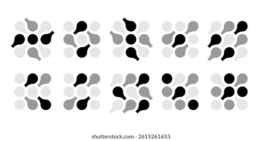 Abstract connected circles and dots icon. Integrate innovate logo, vector technology shape. Neuron Nano molecula, artificial brain symbol. Network science data, metaball design. Organic medical liquid