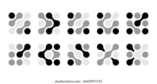 Ícone abstrair círculos e pontos conectados. Integrar logotipo inovador, forma de tecnologia de vetor. Neurônio Nano molecular, símbolo do cérebro artificial. Dados de ciência de rede, design metabólitos. Líquido orgânico médico