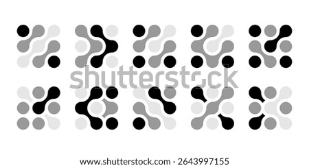 Abstract connected circles and dots icon. Integrate innovate logo, vector technology shape. Neuron Nano molecula, artificial brain symbol. Network science data, metaball design. Organic medical liquid