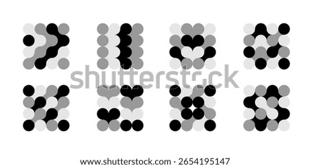 Abstract connected circles and dots icon. Integrate innovate logo, vector technology shape. Neuron Nano molecula, artificial brain symbol. Network science data, metaball design. Organic medical liquid