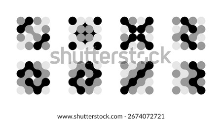 Abstract connected circles and dots icon. Integrate innovate logo, vector technology shape. Neuron Nano molecula, artificial brain symbol. Network science data, metaball design. Organic medical liquid