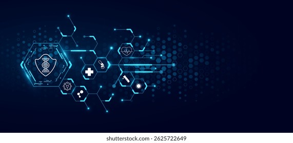 Abstract connected hexagons with health care icons and HUD circle on blue backdrop. Medical technology research presentation background. Digital health insurance concept. Vector illustration