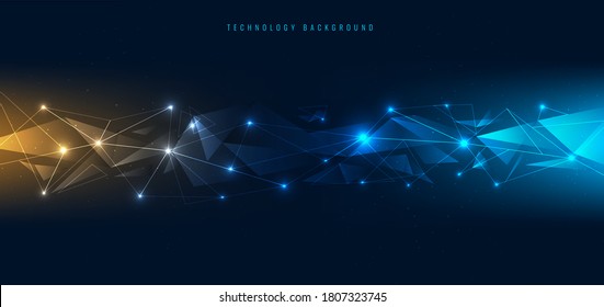 Abstract connecting dots and lines with geometric polygons shape with lighting on blue background. technology futuristic Internet network connection. Vector illustration