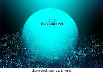 abstract connecting line dot with geometry shape and sphere in center on gradient navy blue background for futuristic template presentation brochure adertisement background vector eps.