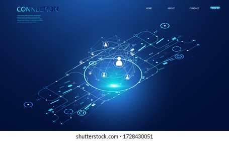 Abstract connection and isometric interface concept Connection in computer systems By using the internet and programs