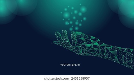 La línea de conexión Abstractas y las manos de los puntos se abren en el fondo verde azul. conveniente para los anuncios, los productos, los datos grandes, la IA, las presentaciones, los telones de fondo y los Anuncios. Vector EPS 10