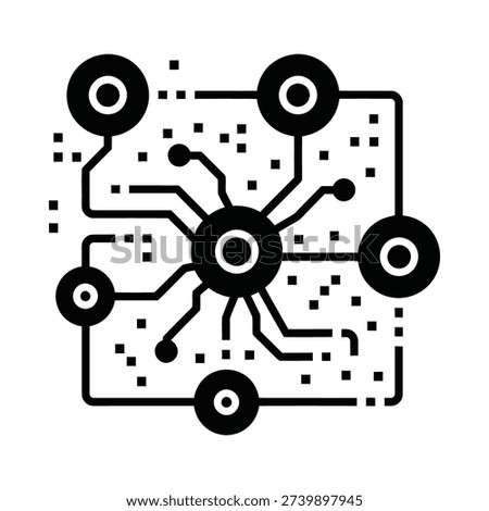 Abstract connectivity icon with interconnected nodes and lines in minimalist black and white design symbolizing networking data flow and modern technology concept