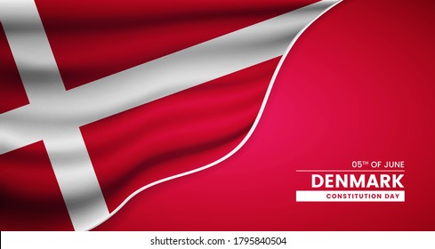 Resumen del día de la constitución de Dinamarca de fondo con elegante bandera de tela e ilustración tipográfica