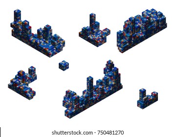 Abstract Construction - 3D Pixel Art Isometric Elements for Design Project  - Vector Illustration 