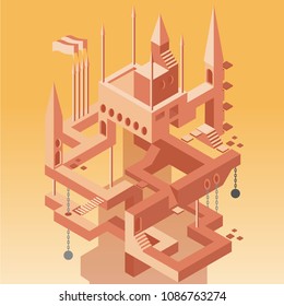 Abstract construction with secrets, labyrinth with secrets, sand desert, vector flat beautiful illustration isolated on gradient background, abstract tower or castle, flat design