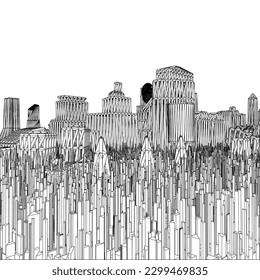 Abstrakte Baustruktur Futuristische Stadt Vektor 89. Megalopolis Stadt der Wolkenkratzer Landschaft Blick Illustration der Konstruktion einzeln auf weißem Hintergrund. 