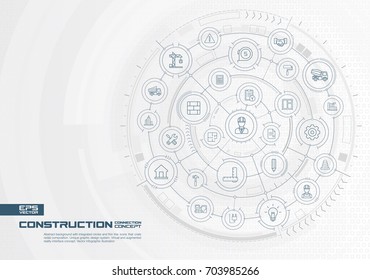 Abstract construction technology background. Digital connect system with integrated circles, thin line icons. Interface design. Engineer, architecture, build concept. Vector infographic illustration