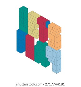 Construcción Abstractas con bloques geométricos vibrantes en perspectiva isométrica. Las piezas del rompecabezas se conectan para construir una forma intrincada. Diseño conceptual para la resolución de problemas, la creatividad y el montaje arquitectónico.