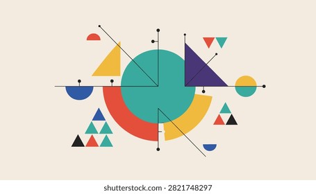 Abstract constructivist art composition with colorful circles, triangles, and intersecting lines on a beige background.