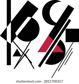 Abstract constructivist composition with bold black geometric shapes, lines, and a single red triangle on a solid white background surface