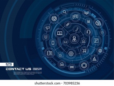 Abstract contact us, call center background. Digital connect system with integrated circles, glowing line icons. Virtual, augmented reality interface concept. Vector future infographic illustration