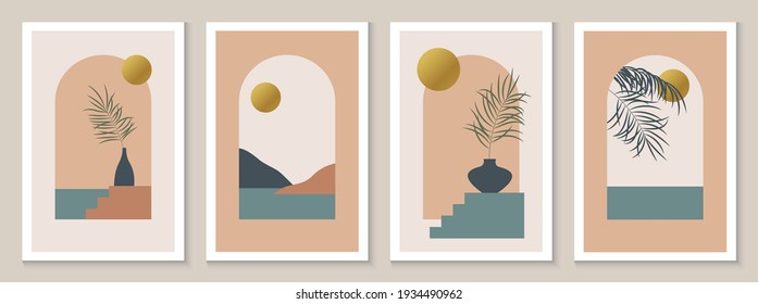 Abstract contemporary aesthetic background with arch, landscape, sea, mountains, golden Sun. Boho Design for posters, postcards, print, wall decor. Mid century modern minimalist art.
