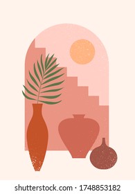 Abstract contemporary aesthetic background with desert landscape, stairs, palm, vases, Sun. Earth tones, burnt orange, terracotta colors. Boho wall decor. Mid century modern minimalist art print. 